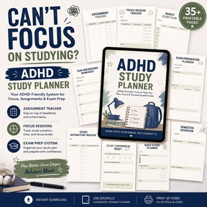ADHD Study Planner | ADHD Student Planner Digital System for Focus, Assignments & Exam Prep | Academic Organization Workbook
