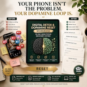 Puede incluir: Un libro de ejercicios titulado Digital Detox & Dopamine Reset con un gráfico de cerebro dividido. La portada muestra un sistema de recuperación de enfoque TDAH de 30 días. Incluye un smartphone con notificaciones, páginas de planificador, notas adhesivas y una insignia dorada de 60+ páginas. El texto dice: Your phone isn't the problem. Your dopamine loop is.