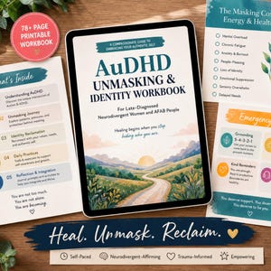 Caderno de exercícios para mulheres sobre como desmascarar o TDAH, exercícios sobre mascaramento do autismo e burnout, PDF sobre identidade e autodescoberta, apoio para diagnóstico tardio