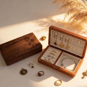 Caja de joyería personalizada con flor de nacimiento y nombre, estuche de joyería de nogal personalizado, soporte de joyería floral grabado, regalo de aniversario, regalo del Día de la Madre