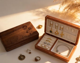 Personalized Birth Flower Jewelry Box With Name,Custom Walnut Jewelry Case,Engraved Floral Jewelry Holder,Anniversary Gift,Mothers Day Gift