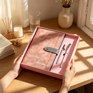Könnte beinhalten: Ein Notizbuch in rosa Lederoptik mit grauem Druckknopfverschluss und dem Namen Gabriella neben einer gezeichneten Blume. Das Notizbuch liegt in einer passenden rosa Geschenkbox zusammen mit einem schlanken silbernen Stift und einer schwarzen Tintenmine.