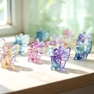 May include: A collection of small, translucent glass fairy figurines in various colors including pink, blue, purple, and yellow. Each figurine features detailed wings and a seated posture, arranged in a group on a flat surface near a window.
