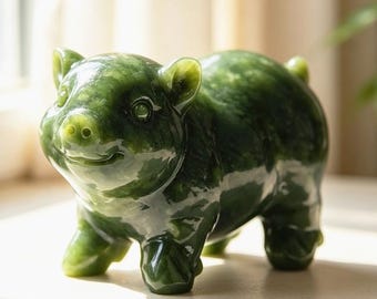2.8" Natural jade Pig Carving, Hand Carved Cute Pig Figurine, Healing Crystal Lucky Pig Statue for Home Decor & Collector Gift