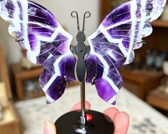 Alas de mariposa de amatista de ensueño de 5" con soporte, escultura de cristal de amatista tallada a mano con diseño de chevrón, decoración para el hogar con piedras preciosas naturales.