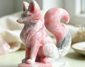 Zorro tallado en ópalo rosa natural de 10 cm, figura de zorro de cristal de ópalo rosa tallada a mano, estatua de zorro de piedra curativa del chakra del corazón, decoración espiritual para escritorio