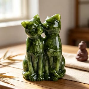 Pode incluir: Uma escultura de pedra verde-escura polida representando dois gatos sentados lado a lado com as cabeças a tocar-se. Os gatos têm superfícies lisas e brilhantes com padrões marmoreados naturais em tons de verde floresta e verde esmeralda.