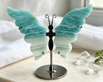 Natural Amazonite Butterfly Wings Carving with Metal Stand, Hand Carved Crystal Butterfly Statue, Healing Crystal Home Desk Decor 1PC