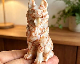 3.2" Natural Red Network German Shepherd Dog Carving, Hand Carved Crystal Dog Figurine,Healing Crystal Stand 1PC