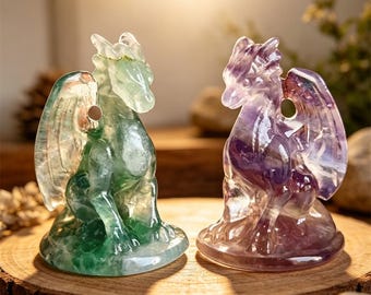 2.8" Natural Fluorite Winged Dragon Carving, Hand Carved Crystal Dragon Figurine, Healing Crystal Stone Statue 1PC