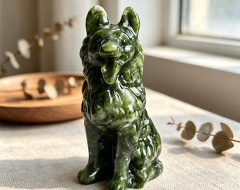 3.2" Natural Green Jade German Shepherd Dog Carving, Hand Carved Crystal Dog Figurine,Healing Crystal Stand 1PC