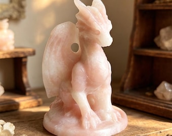 2.8" Natural Pink Opal Winged Dragon Carving, Hand Carved Crystal Dragon Figurine, Healing Crystal Stone Statue 1PC