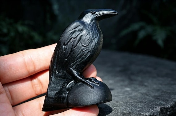2.4" Natural Black Obsidian Crow Statue, Hand Carved Crystal Raven Figurine, Gothic Home Decor, Healing Crystal Stone Crow Sculpture Gift