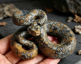 3.3" Natural Leopard Skin Jasper Coiled Snake Carving, Hand Carved Crystal Snake Figurine, Healing Stone Totem, Altar Desk Decor Gift