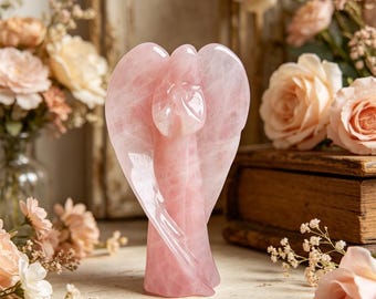3.8" Natural Rose Quartz Angel Carving, Hand Carved Crystal Angel Statue, Healing Crystal Home Decor, Guardian Angel Figurine，Angel Gifts