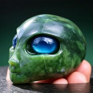 2,3 tum naturlig grön jade alien skalle carving med blå kattögon handskuren kristall alien huvudstaty för meditation UFO dekoration gåva