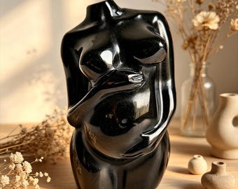 3.2" Obsidian Pregnant Goddess Torso Carving | Divine Feminine Crystal Sculpture, Motherhood Altar Decor, Healing,Protection Stone Figurine
