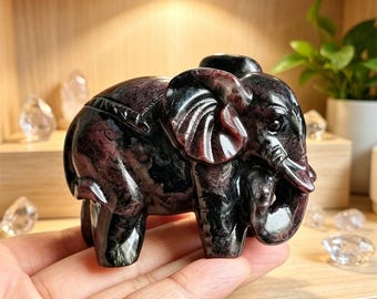 Rzeźba słonia z naturalnego granatu 3", ręcznie rzeźbiona kryształowa figurka słonia, figurka zwierzęcia z granatu, uzdrawiająca dekoracja kryształowa, ozdoba do domu przynosząca szczęście