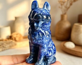3.2" Natural Sodalite German Shepherd Dog Carving, Hand Carved Crystal Dog Figurine,Healing Crystal Stand 1PC