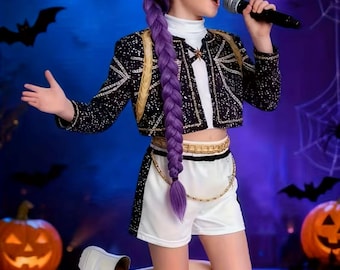 Rumi KPop Demon Hunters Costume – Viral Kpop Girl Outfit – Purple Wig Cosplay – Halloween Kids Costume – Idol Stage Look