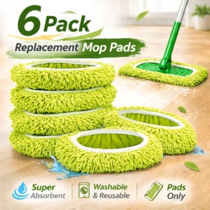 May include: A six-pack of replacement mop pads in a bright green color. The pads are round with a fluffy texture and are shown with a green and silver mop. The text reads "6 Pack Replacement Mop Pads", "Super Absorbent", and "Washable & Reusable".