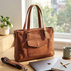 Bolso de mano para portátil de piel auténtica hecho a mano, maletín de trabajo marrón, apto para ordenador de 16"