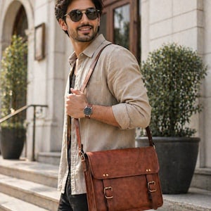 Könnte beinhalten: Braune Leder-Umhängetasche mit Klappenverschluss und zwei Schnallenriemen. Die Tasche hat einen Schulterriemen und wird quer über dem Körper getragen. Die Tasche ist aus Leder im Used-Look gefertigt und hat einen Vintage-Look. Die Tasche ist ca. 35 cm breit und 28 cm hoch.