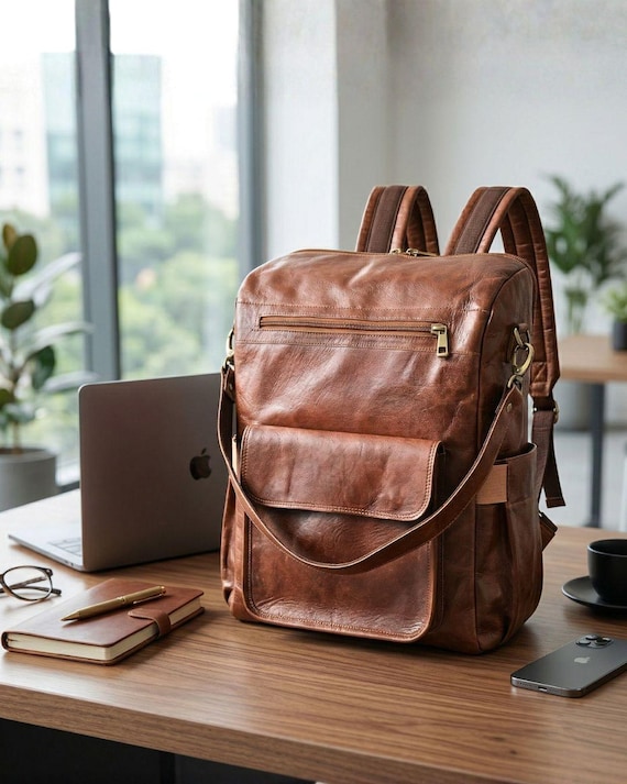 dark brown leather backpack purse simple Walker | Oak | Full Grain and a side pocket Handmade Genuine Leather Laptop Backpack