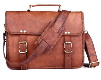 14 Inch Genuine Leather Messenger Bag Vintage Brown Small Briefcase Shoulder CrossBody Satchel for Men and Women Ideal for Laptop.