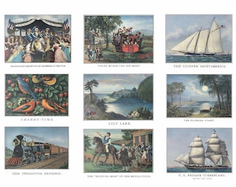 1969 Travelers Currier and Ives Calendar, Nine Vintage Prints, Incomplete Set