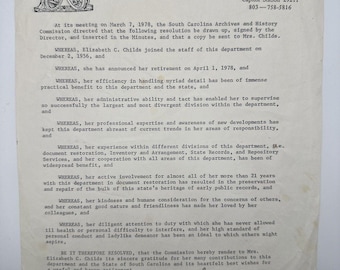 1978 South Carolina Archives Retirement Letter Signed by Director Charles E. Lee