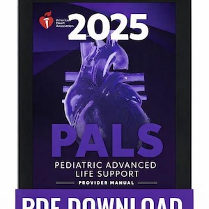 Peut inclure: Une tablette numérique affichant la couverture du manuel 2025 American Heart Association PALS Pediatric Advanced Life Support, avec une illustration de cœur violet, du texte blanc et une bannière violette indiquant PDF DOWNLOAD.