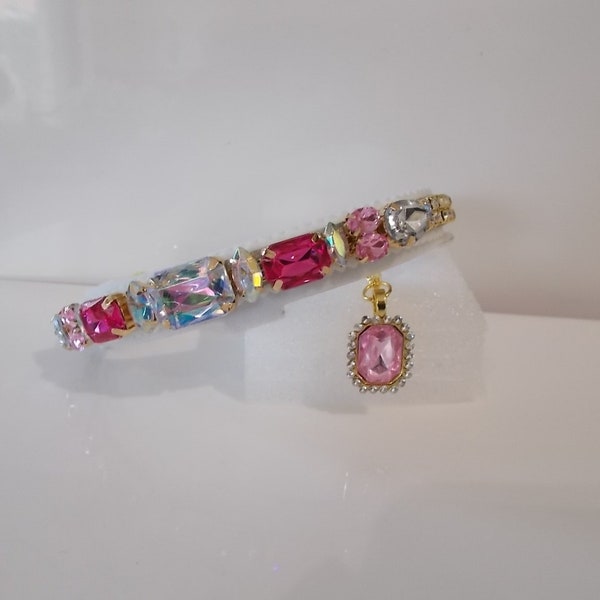 Crystal Pink & Multi Diamond Gem Cat Kitten Chihuahua Yorkie Dog Puppy  Collar with crystal charm.