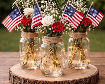 Patriotic Mason Jar Centerpiece, Red White Blue Floral Arrangement, Rustic Farmhouse Decor