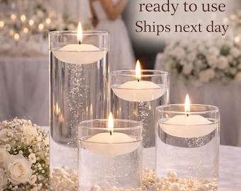 Floating Candle Centerpiece Set – Glass Vases, Pearls, Flameless Candles – Wedding Decor