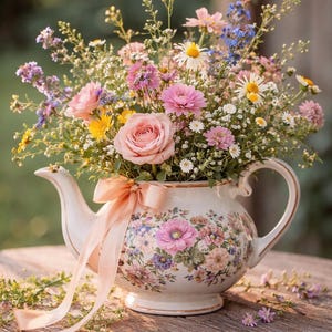 Teapot Floral Centerpiece Bridal Shower Table Arrangement Vintage Wedding Tea Party Garden Style Romantic Display Elegant Event Shabby Chic