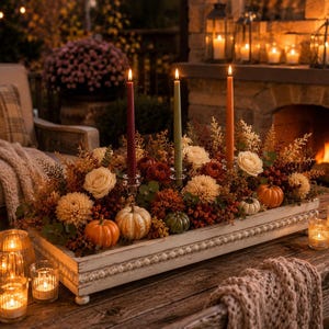 Farmhouse Fall Wooden Tray Centerpiece: Faux Pumpkins, Florals, Candles – Autumn Harvest Styling