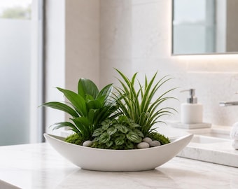 Modern Faux Plant Arrangement, White Bowl Centerpiece, Moss Pebble Decor