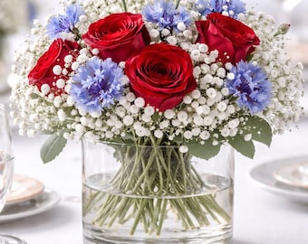 Red White Blue Floral Centerpiece, Artificial Water Arrangement, Elegant Glass Vase Decor
