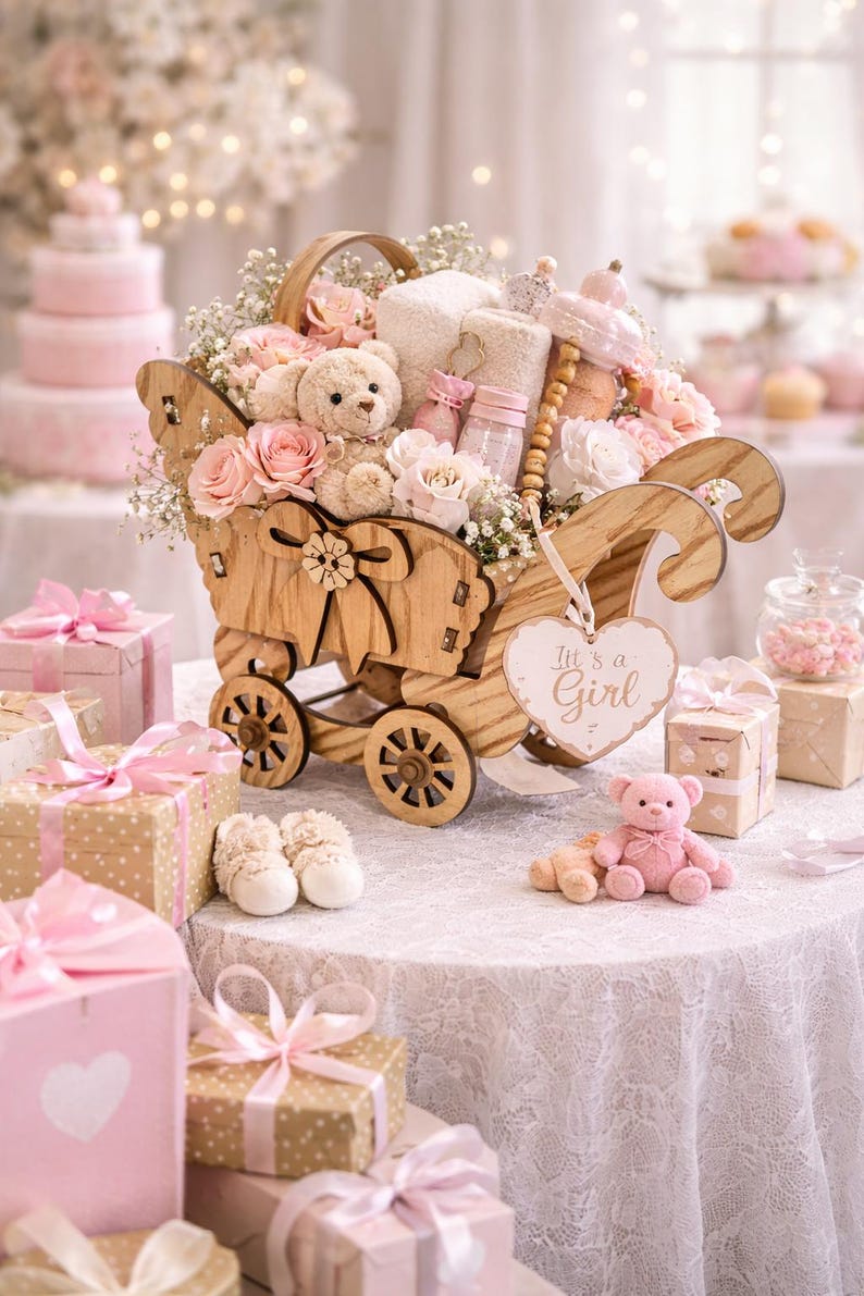 Baby Girl Shower Wooden Carriage Centerpiece, Pink Floral Teddy Bear ...