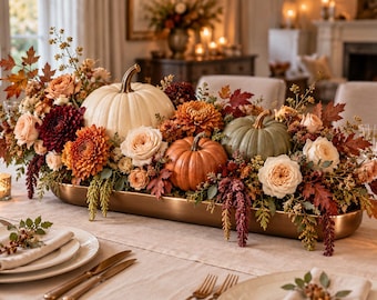 Thanksgiving Centerpiece in Wooden Bowl, Artificial Fall Flowers and Pumpkins, Autumn Dining Table Arrangement