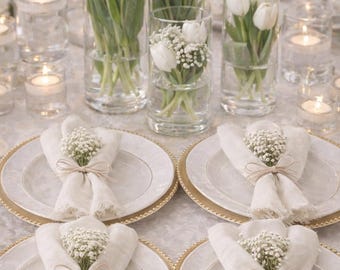 White Tulip Centerpiece, Glass Vase Wedding Decor, Gauze Napkins Baby's Breath