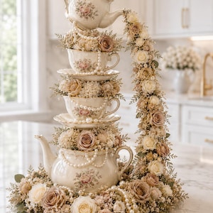 May include: A decorative arrangement featuring a stack of vintage teacups and teapots, adorned with roses, pearls, and greenery. The arrangement includes a teapot pouring a cascade of flowers. The color palette includes cream, beige, and soft pink.