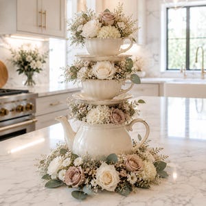 May include: A decorative centerpiece featuring a white teapot, teacups, and saucers stacked with floral arrangements. The flowers include white roses, hydrangeas, and touches of lavender and greenery. The arrangement is set on a marble countertop.