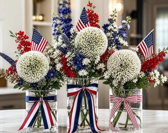 Patriotic Floral Centerpiece, Red White Blue Vase Arrangement, Fourth of July Table Decor
