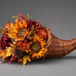 May include: A woven brown wicker cornucopia overflowing with an arrangement of autumn-themed elements including yellow sunflowers, deep red chrysanthemums, orange berries, brown pinecones, acorns, and various maple leaves in shades of red and gold.