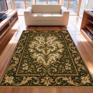 Elegante alfombra barroca con estampado floral, en verde salvia y marfil.