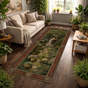 Alfombra de pasillo larga con diseño de paisaje de árboles del bosque, estilo rústico de jardín. Alfombra decorativa para el suelo.