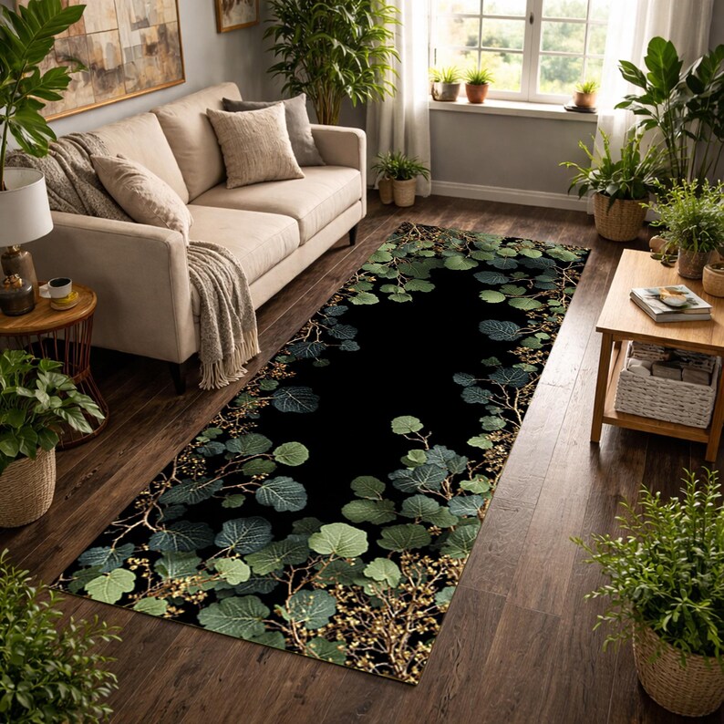 Botanical Runner Rug, Dark Nature Hallway Rug, Black Green Leaf Runner ...