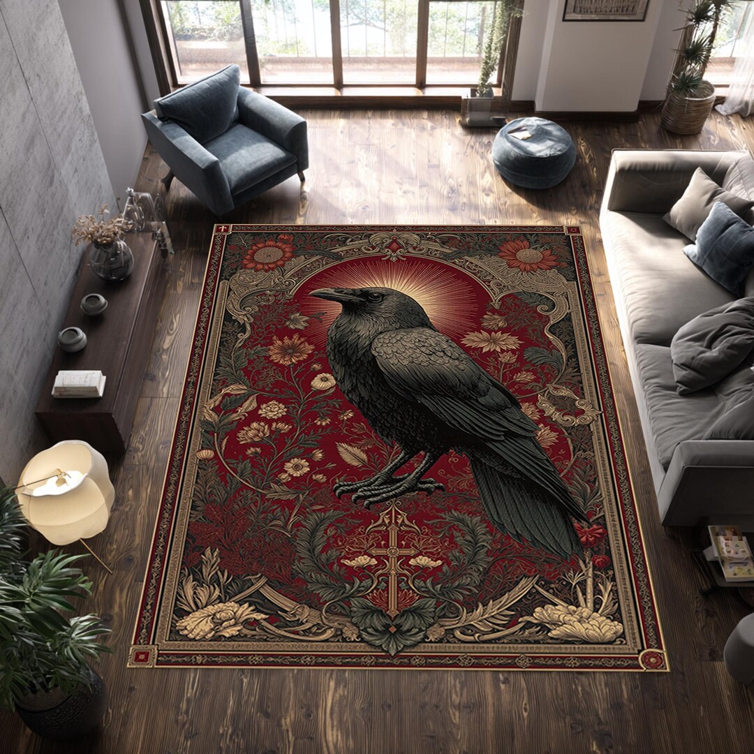 Gothic Raven Area Rug, Dark Vintage Ornamental Carpet, Black Crow ...